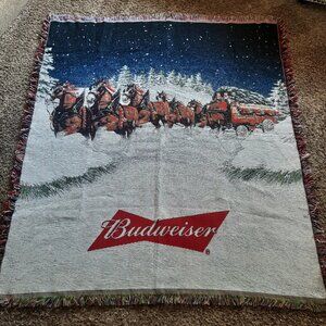 Vintage Budweiser Clydesdale Throw Blanket Tapestry Fringe Holiday Christmas